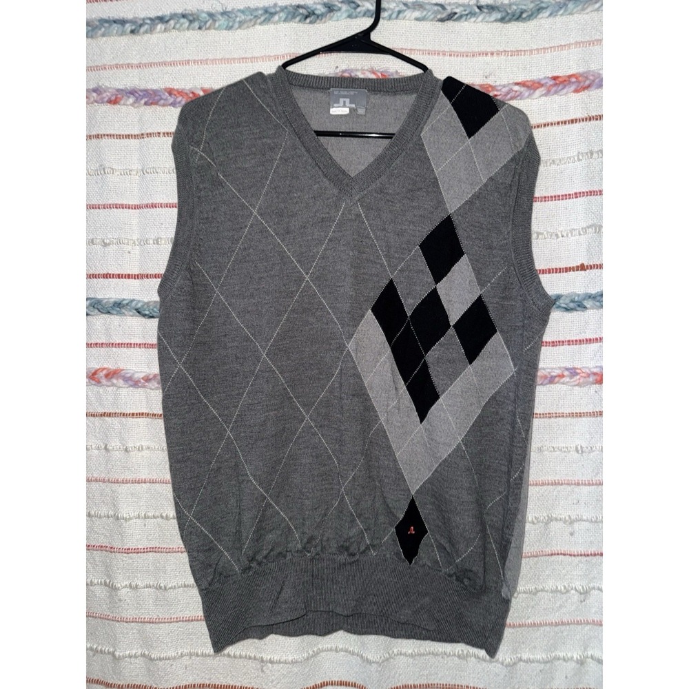 J.Lindeberg Men's Argyle V-Neck Sweater Vest Merino Wool XXL - Black And Gray